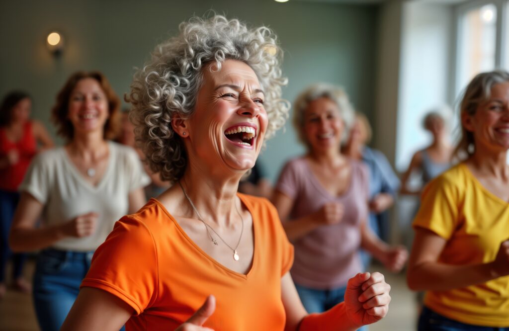 group of senior women enjoy joyful dance class. women move together with happy expressions. indoor setting suggests gym fitness center. photo captures active lifestyle of elderly people. focus on