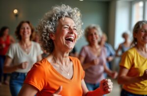 group of senior women enjoy joyful dance class. women move together with happy expressions. indoor setting suggests gym fitness center. photo captures active lifestyle of elderly people. focus on